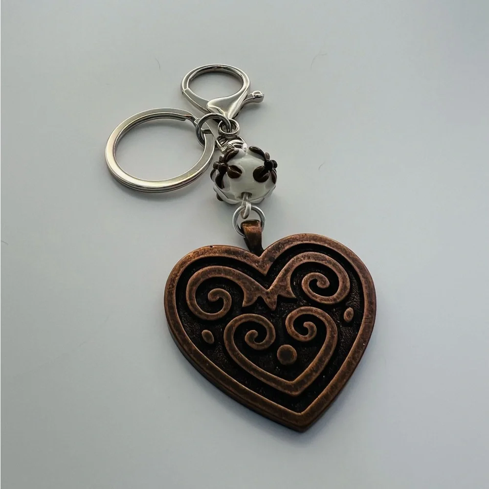 Hand Crafted Heart Keychain with Brown and White Bead